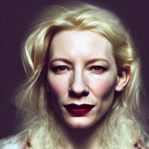 Prompt: realistic expired kodak film portrait of albino kate blanchett mix, hyperrealism, hypermaximalism, photorealistic, detailed, atmospheric, 8 k, award winning photography, cinematic