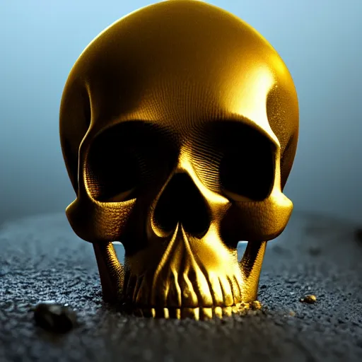 Image similar to a skull made of solid gold sits on an abandoned gravestone, beautiful detailed intricate insanely detailed octane render, 8k artistic photography, photorealistic, chiaroscuro