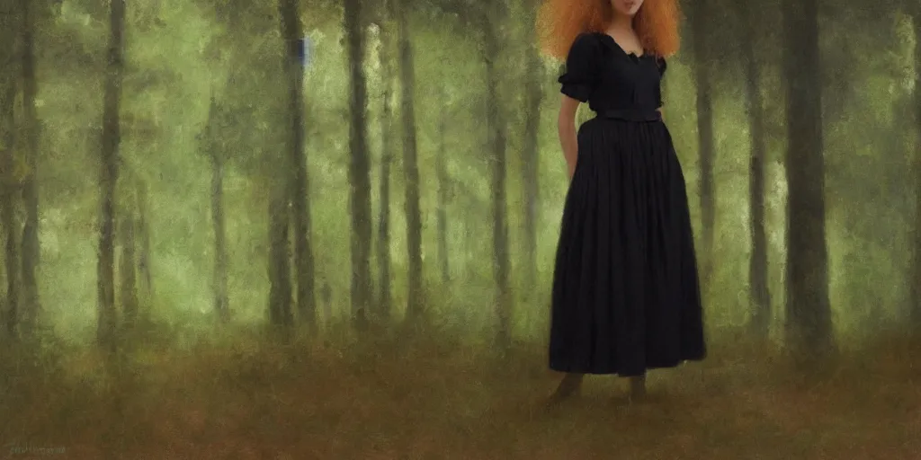 Image similar to a strawberry blonde frizzy haired teenage girl in a floor length black skirt and a short sleeved green blouse stands in a dark forest dimly lit by blue light, oil painting, pixellated