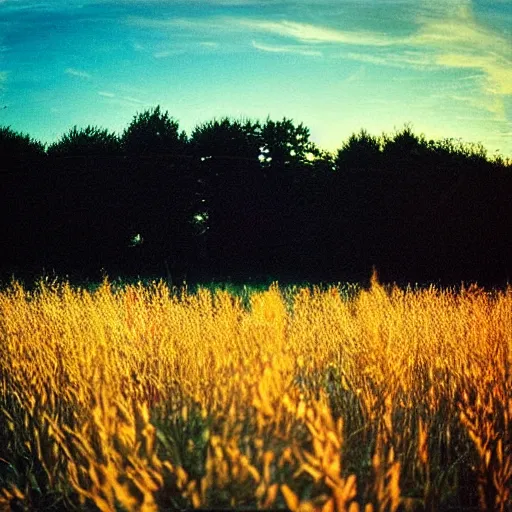 Prompt: “sunset photography, golden hour, fields, summer, cinestill 800t, in the style of William eggleston”