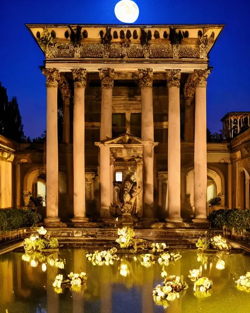 Image similar to photo of beautiful rococo courtyard under moonlight, large glowing moon, pool with rippling reflections, weeping willows and flowers, hellenistic sculptures and grand roman columns, romantic, archdaily,