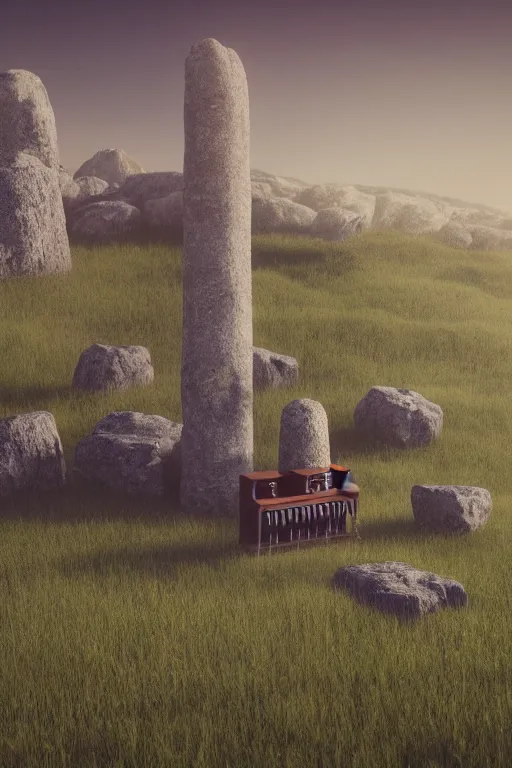Image similar to a detailed render of an isolated lonely pipe organ, in the middle of a field, supported by a lone stone column, trending on artstation, render, 3 d, octane, 4 k, 8 k, unreal engine, cinema 4 d, baroque, art deco
