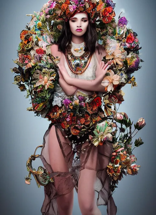 Image similar to full body environmental portrait photo of a young and beautiful female model, ornate headpiece made from flowers, ornaments, glamour shot by gemmy woud - binnendijk, chris knight, photorealistic, canon r 3, fashion photography, ornate, symmetrical features, octane render, unreal engine, solid dark background, clamp shell lighting, rim lighting