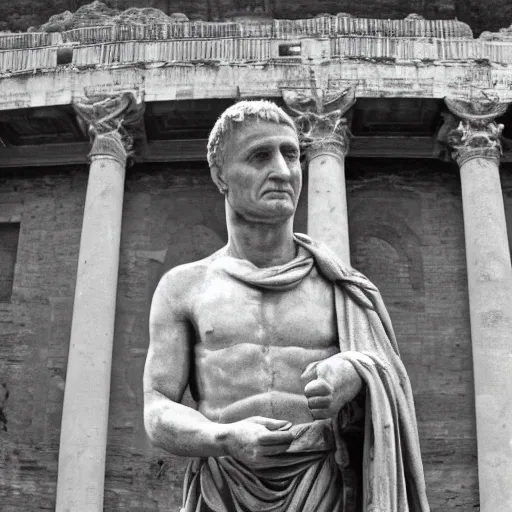 Prompt: Recovered photo of actual living julius caesar taken in front of the roman forum. He looks tired but is giving thumbs up. Sepia.