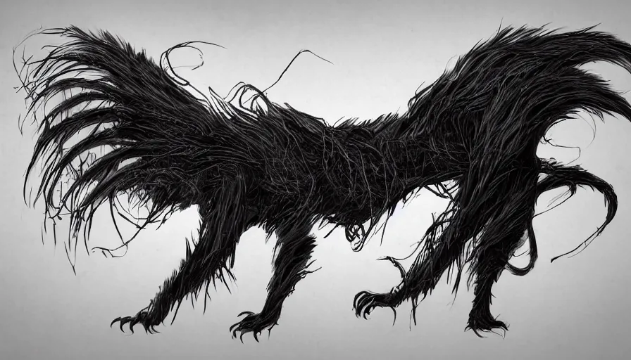 Image similar to concept art of a terrifying monster composed of feathers and string, twisted nightmare, brush hard, artstation, panormic, high quality, brush stroke