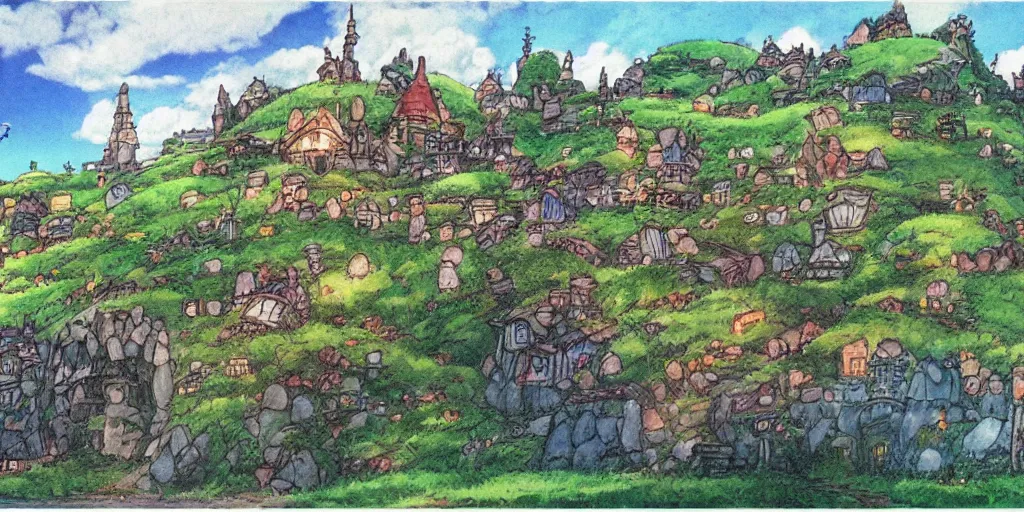 Image similar to a still of a background from howl's moving castle of hobbiton, studio ghibli