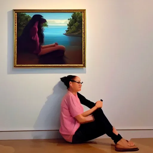 Image similar to a woman sitting on the floor next to a painting, a photorealistic painting by rhads, trending on pexels, arbeitsrat fur kunst, art, fine art, oil on canvas