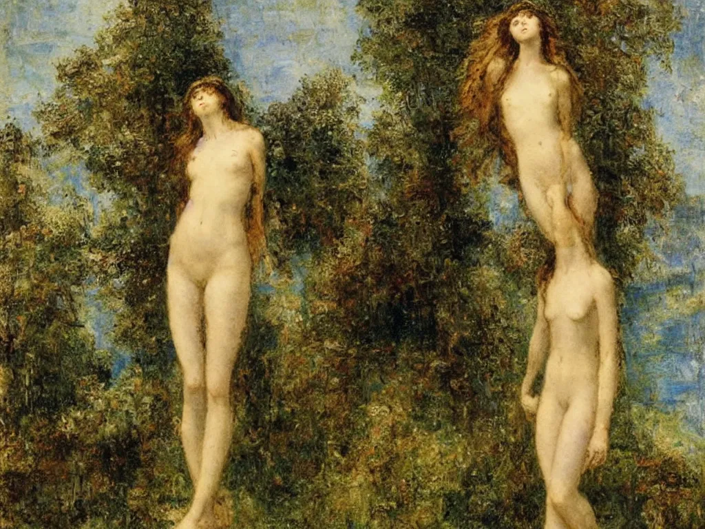 Image similar to figure with scenery. painting by gustave moreau