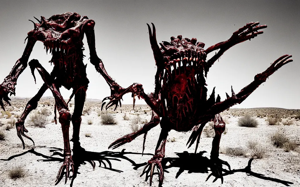 Image similar to in the desert a bloody gross horrifying The Thing creature made of muscle and bone and blood stares at the camera, eating, it walks on two legs, mid day, 35mm photography, realistic,