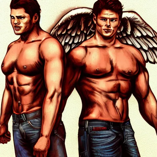 Prompt: Dean Winchester and Sam Winchester as muscular angels at Ram Ranch, cowboys, Tom of Finland, urban fantasy, sharp focus, ultra detailed, artstation