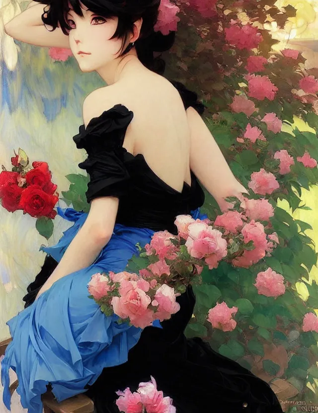 Image similar to beautiful anime woman in tight black dress sitting among blue roses, krenz cushart, mucha, by joaquin sorolla rhads leyendecker, by ohara koson