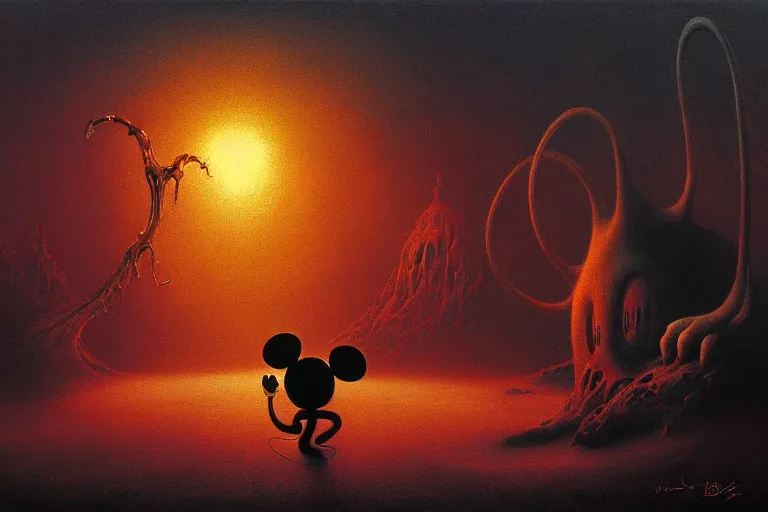 Prompt: painting of life of mickey mouse, by zdzislaw beksinski, by dariusz zawadzki, by wayne barlowe, gothic, surrealism, cosmic horror, lovecraftian, cold hue's, warm tone gradient background, concept art, beautiful composition