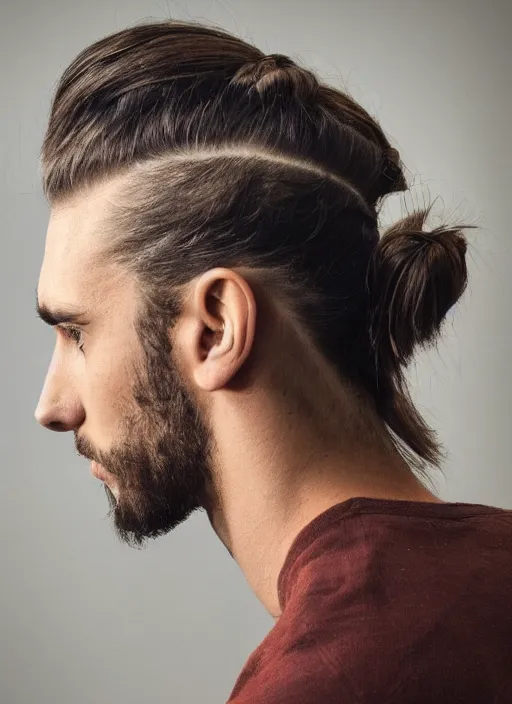 Image similar to a skinny young white male with a dark brown man bun for hair