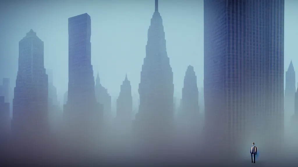 Image similar to Hulk sized Obama towers over a foggy Manhattan; render by Beeple, 4K; unreal, epic scene; ominous; bizarre world; odd world