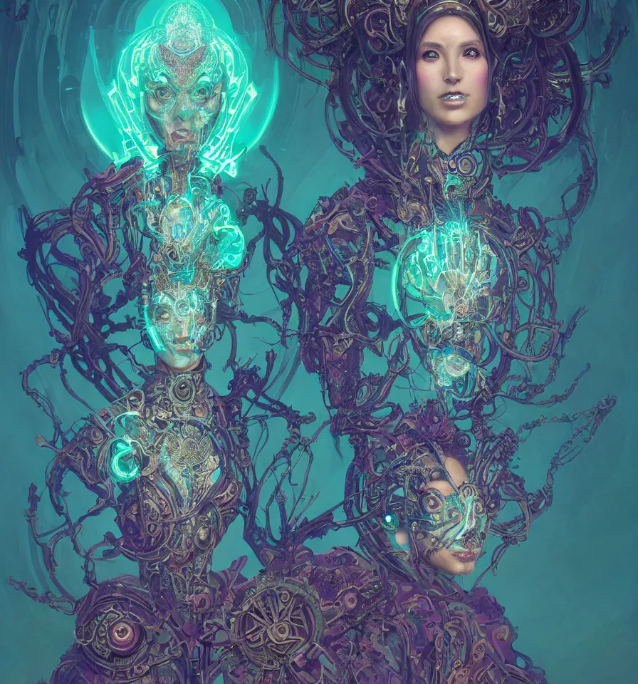 Prompt: beautyful princess in robe. intricate portrait, occult cyberpunk, ancient futuristic, vibrant colors. intricate biomechanical, bioluminescent halo around head, mandala ornament, cybernetic glowing, by jarold Sng by artgerm, by Eddie Mendoza, by Peter mohrbacher by tooth wu, unreal engine, octane render, cinematic light, high details, iridescent colors, dichroic, macro