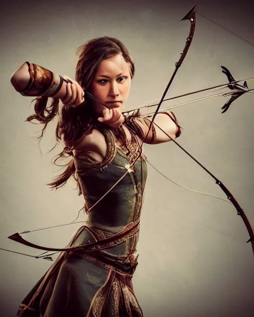 Prompt: very very realistic, photo of world, full body, women with a bow and arrow, female archer, warrior, realistic face