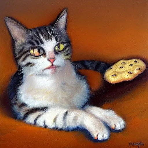 Prompt: realistic oil painting of a cat with a cookie on one paw