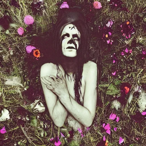 Image similar to a witch in the middle of a gloomy foggy field of wilted flowers. grungy edgy album cover art. 2000s alternative rock