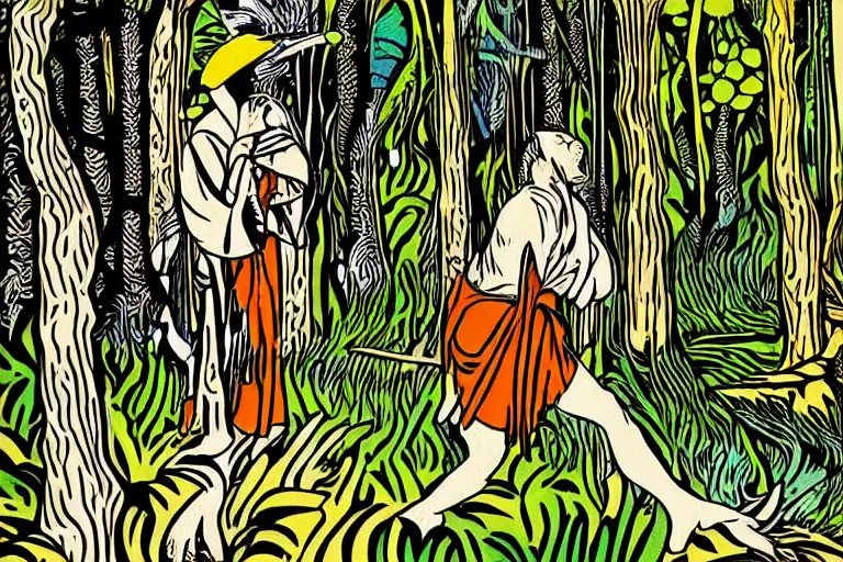 Image similar to a shaman in the forest, by roy lichtenstein, illustation, art nouveau, 8 k, extreme detail, sharp focus