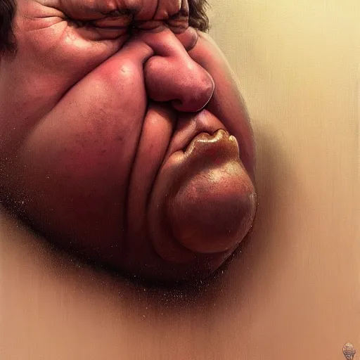 Prompt: hyper realistic, close up portrait of a disgusting fat slob by greg rutkowski, scott m fischer, artgerm, loish, atmospheric, anne stokes, alexandros pyromallis