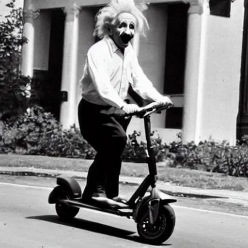 Image similar to Albert Einstein rides an electric scooter with his tongue out