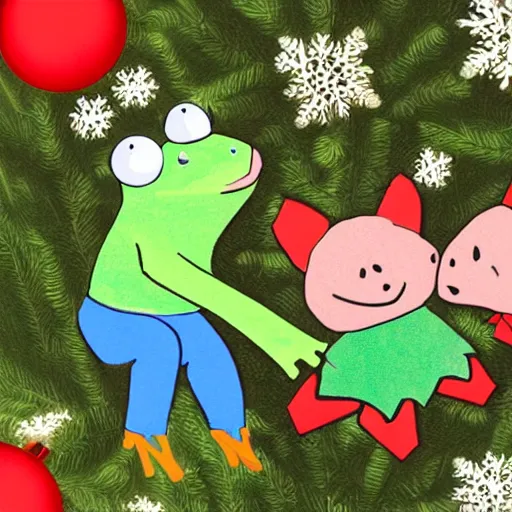 Image similar to two frogs dancing with a pig underneath of a Christmas tree