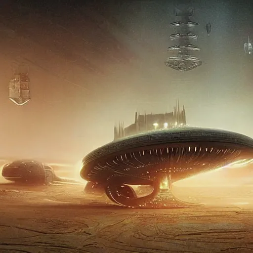 Image similar to scene from bladerunner 2 0 4 9 movie, hr giger artlilery spaceship lands in an alien landscape, filigree ornaments, volumetric lights, simon stalenhag, beksinski
