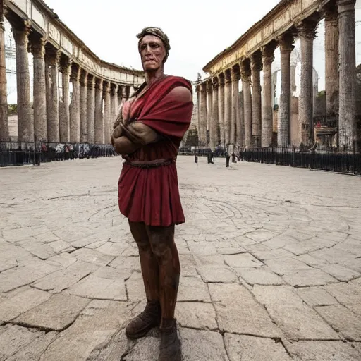 Prompt: award winning photo of a confused Julius Caesar standing in the middle of a modern Roman city