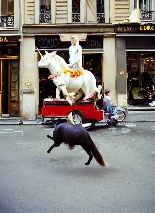 Image similar to a unicorn in paris with a cabbage and a cat out flying out of its horn, canon 5 d 5 0 mm lens kodachrome