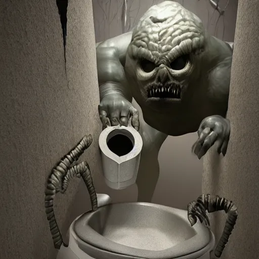 Image similar to 3d creepy monster crawling out of a toilet, horror art, cgsociety, inspired by gerald brom, unreal engine