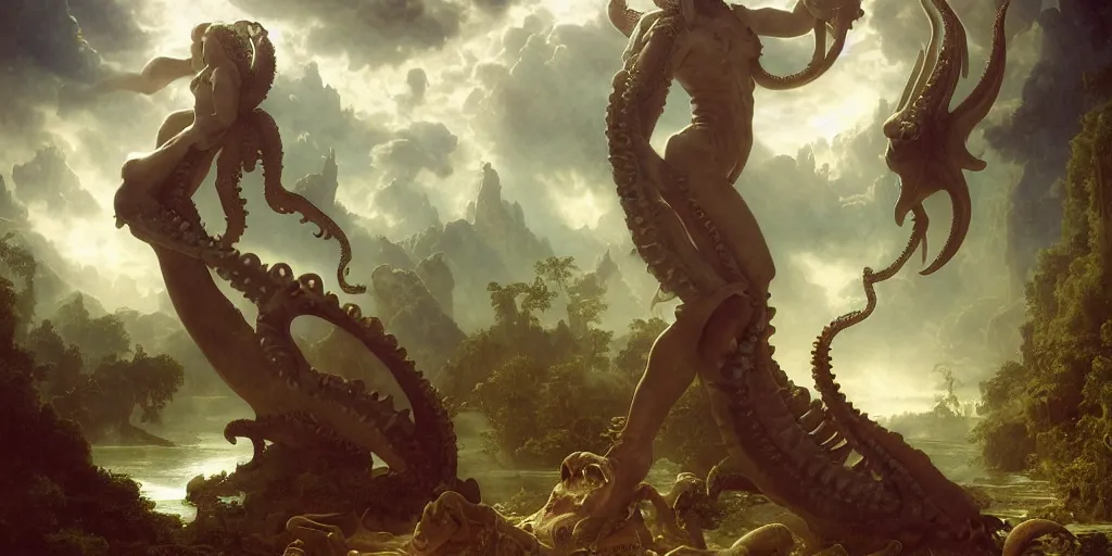 Image similar to Fantasy fairytale story, Great Leviathan Turtle, cephalopod, Cthulhu Squid, Mysterious Island, center Universe, accompany hybrid, Mystical Valkyrie Cyborg, Anubis Reptilian, Atlantean Warrior, intense fantasy atmospheric lighting, hyperrealistic, William-Adolphe Bouguereau, François Boucher, Jessica Rossier, Michael Cheval, michael whelan, Cozy, hot springs hidden Cave, Forest, candlelight, natural light, lush plants and flowers, Spectacular Mountains, bright clouds, luminous stellar sky, outer worlds, Solar Flare Unreal Engine, HD,