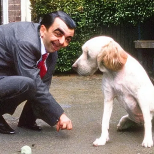 Image similar to mr bean poking a dog