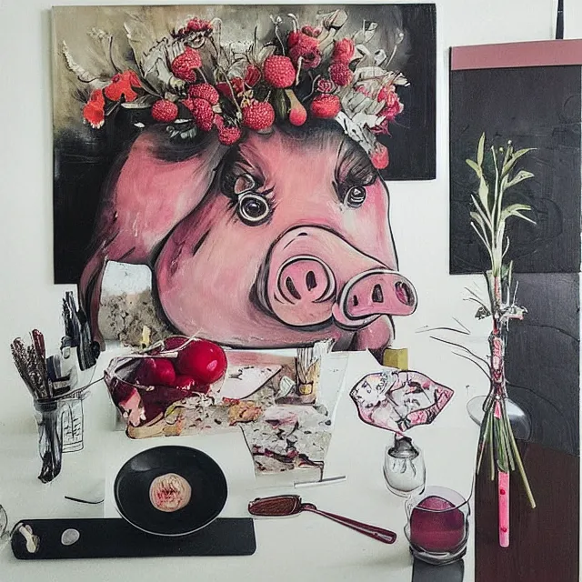 Image similar to “ a portrait in a female art student ’ s apartment, sensual, a pig theme, art supplies, surgical iv bag, octopus, ikebana, herbs, a candle dripping white wax, japanese pottery, squashed berries, berry juice drips, acrylic and spray paint and oilstick on canvas, surrealism, neoexpressionism ”