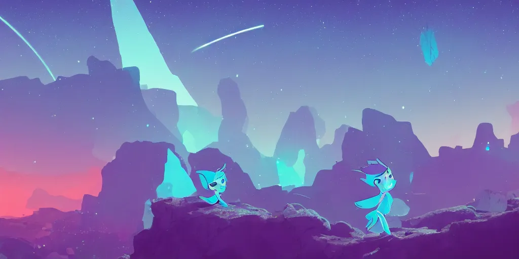 Prompt: small blue pixie on a cliff looking to a synthwave city, stars, long exposure, 4k, Cel shaded, concept art