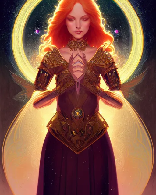 Image similar to symmetry portrait of redhead princess, glam, cleric, fireflies, crypt background, intricate, elegant, highly detailed, digital painting, artstation, concept art, smooth, sharp focus, illustration, art by artgerm and greg rutkowski and fra angelico and alphons mucha