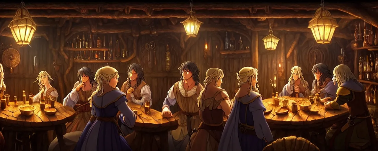 Image similar to A multidimensional cozy tavern, screenshot from medieval Lord of the rings anime hidden object game, cinematic lighting, epic composition, cartoon, animation, background art, post processing, 8K resolution, elegant, highly detailed, digital painting, artstation, concept art, matte, sharp focus, illustration, art by da Vinci, Artgerm and Greg Rutkowski and Alphonse Mucha and billy butcher