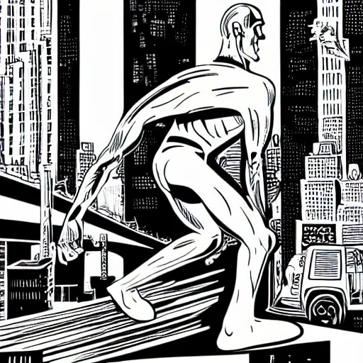 Image similar to mcbess illustration of the silver surfer in New York City