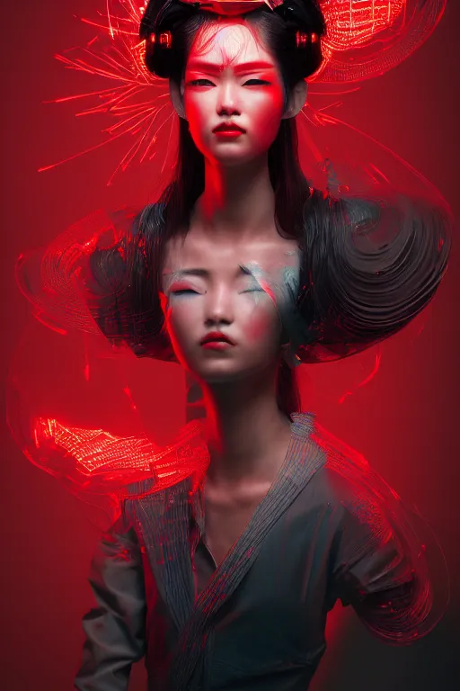 Image similar to A masterpiece portrait of a Incredibly cyberpunk geisha by Ash Thorp and Ikeuchi, red LED lights, extremely beautiful and proportionate face, sharp focus, hyper detailled, octane render, volumetric lightin