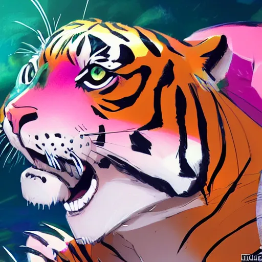 Prompt: a tiger wearing a pink dress, illustration concept art anime key visual trending pixiv fanbox by wlop and greg rutkowski and makoto shinkai and studio ghibli and kyoto animation symmetrical facial features