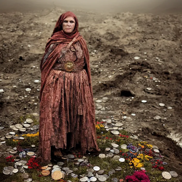 Image similar to portrait of a woman wearing a cloak made of coins and flowers, standing in an apocalyptic wasteland, burnt city, by Annie Leibovitz and Steve McCurry, natural light, detailed face, CANON Eos C300, ƒ1.8, 35mm, 8K, medium-format print