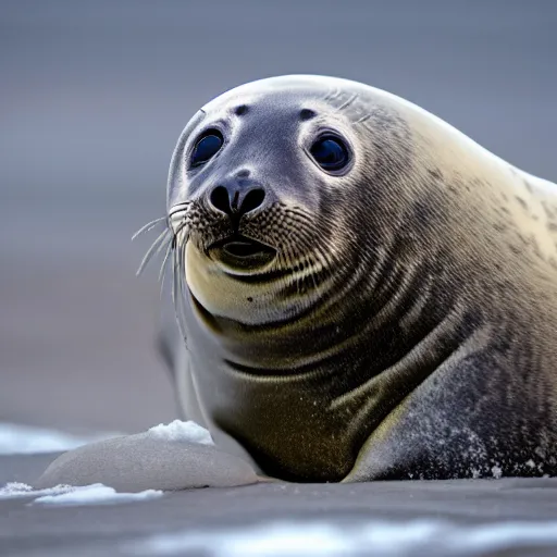 Image similar to Photorealistic photograph of a cute seal pup in snow, photorealism, photorealistic, realism, real, highly detailed, ultra detailed, detailed, cute, emotional, shutter speed 1/1000, 60mm Focal Length, Canon EOS 90D, Wildlife Photographer of the Year, Pulitzer Prize for Photography, 8k