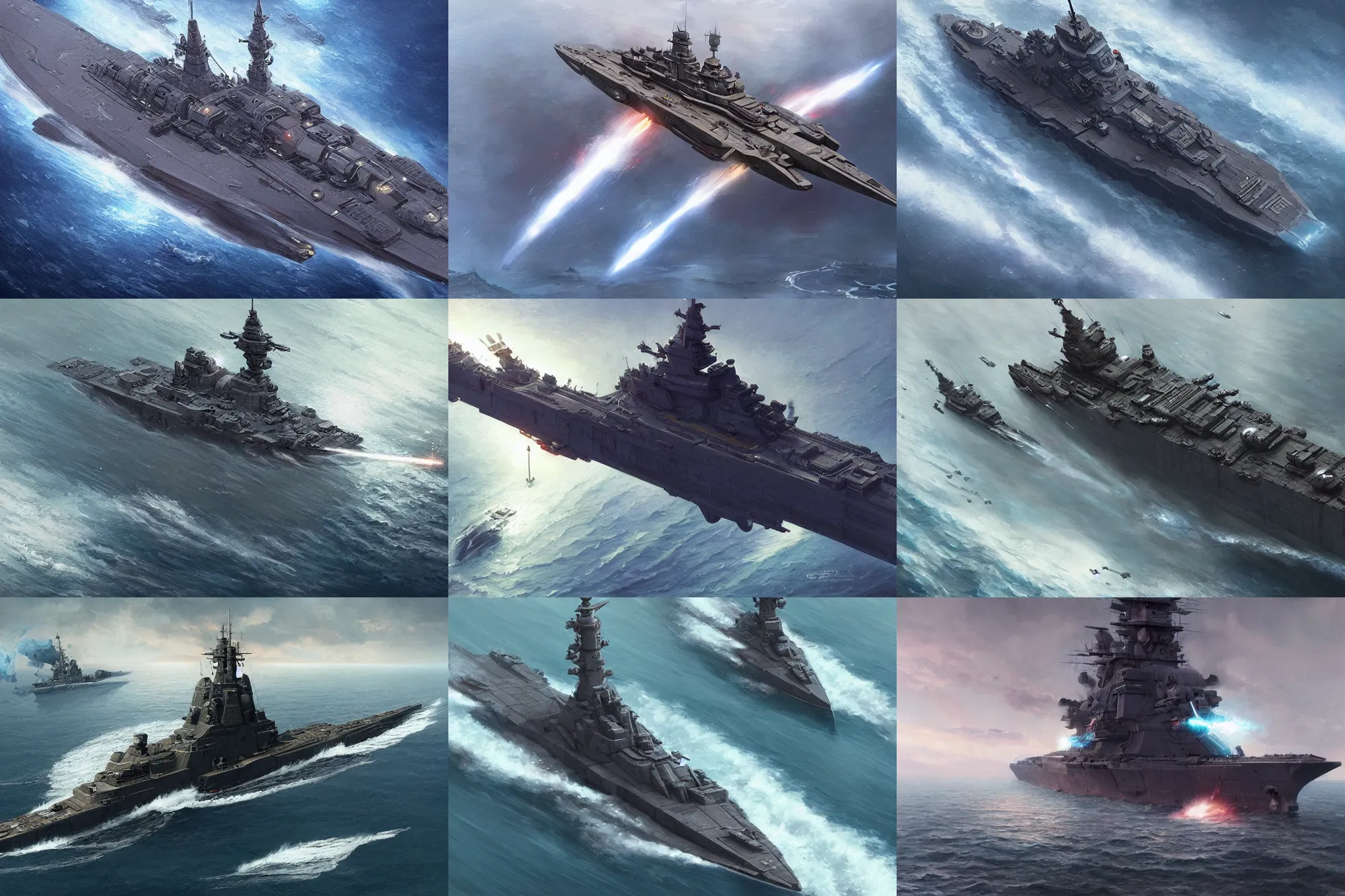 Prompt: single battleship, highly detailed, digital painting, artstation, concept art, sharp focus, illustration, art by artgerm and greg rutkowski