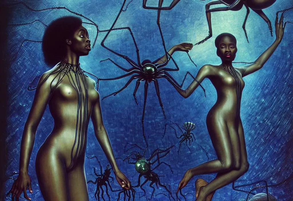 Image similar to realistic detailed portrait movie shot of a beautiful black woman in a transparent sheer suit raincoat dancing with a giant spider, futuristic sci fi landscape background by denis villeneuve, jean delville, monia merlo, yves tanguy, ernst haeckel, alphonse mucha, max ernst, caravaggio, roger dean, sci fi necklace, masterpiece, dreamy, rich moody colours