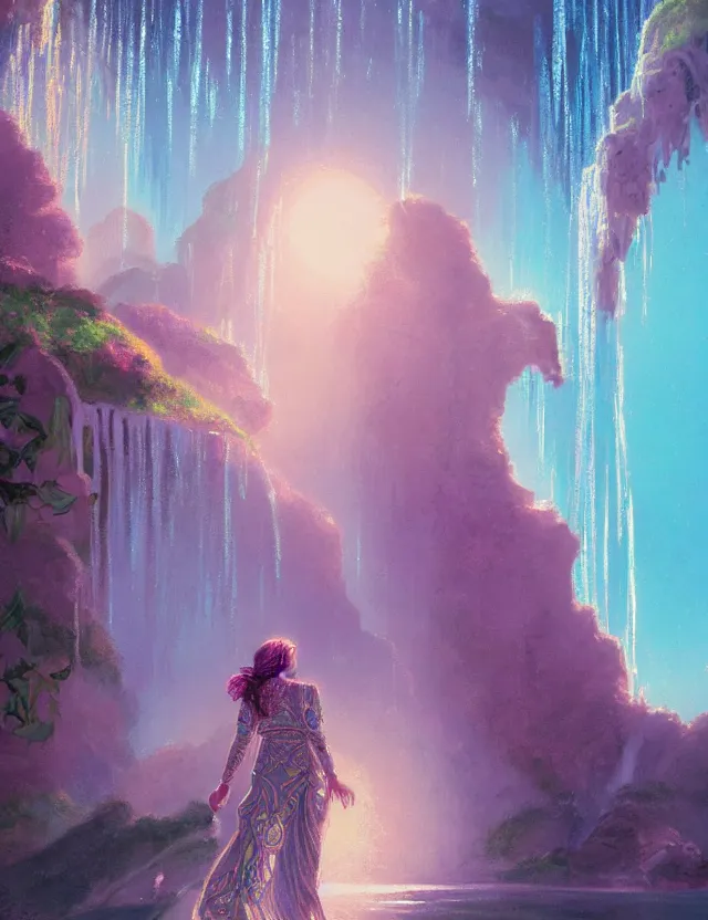 Prompt: full - figured techno - embroidered androgynous human decorated with filigree and beads walks by a waterfall in the sky, safe for work, vivid pastel color scheme, by award - winning concept artist, dynamic composition, backlighting, radiant light