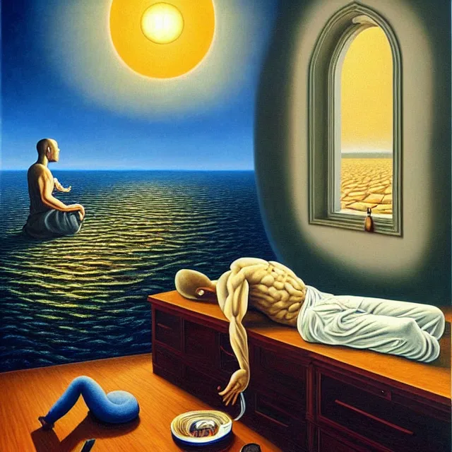 Image similar to an oil on canvas portrait of a man meditating and the sun is shining through the window, surrealism, surrealist, lovecraftian, cosmic horror, rob gonsalves, high detail