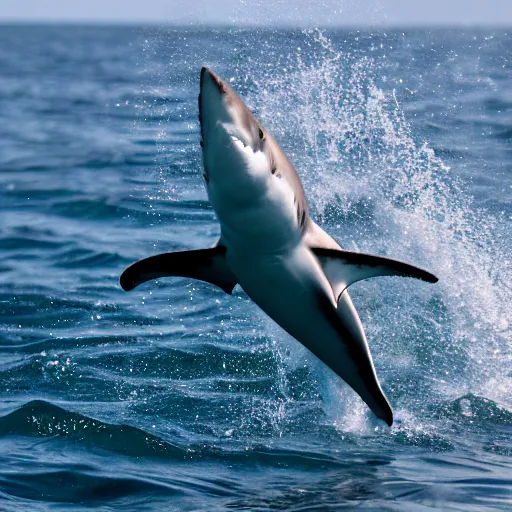 Image similar to action photo of shark jumping from surface of the sea, from nature journal, 1 / 1 0 0 0 sec shutter, action photo, sigma 1 0 5 mm f 2. 8