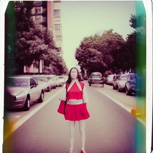 Image similar to colorful instant photograph of a woman in the middle of the street, polaroid, light leak, raw, nostalgic, daylight, blue sky, clouds