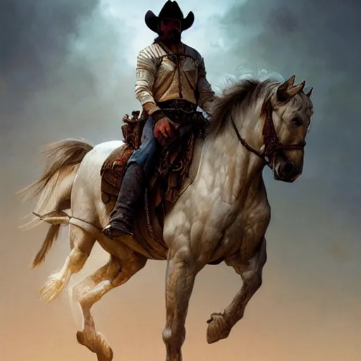 Prompt: a Rugged cowboy riding a white horse, D&D, fantasy, intricate, elegant, highly detailed, digital painting, artstation, concept art, smooth, sharp focus, illustration, art by artgerm and greg rutkowski and alphonse mucha