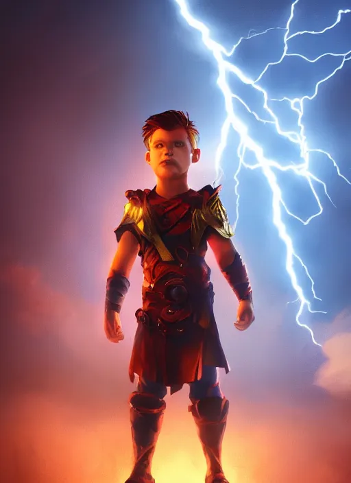 Image similar to An epic fantasy comic book style portrait painting of a young boy surrounded by lightning and power, unreal 5, DAZ, hyperrealistic, octane render, cosplay, RPG portrait, dynamic lighting