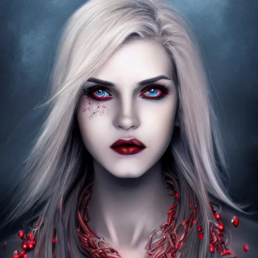 Image similar to Woman Vampire, goddess, detailed, high quality, 4k UHD, slim, curvy, blonde hair, realism, very coherent, high detail, hyper realism, red hypnotic eyes, 8K high definition, full body, wide photo, eerie looking, creative,